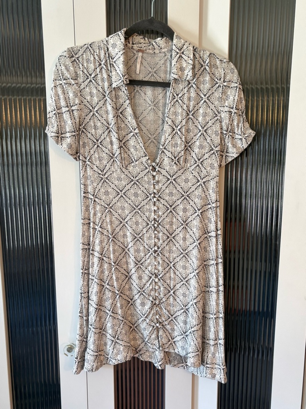 Free People Blue& White Printed V-Neck Mini Dress